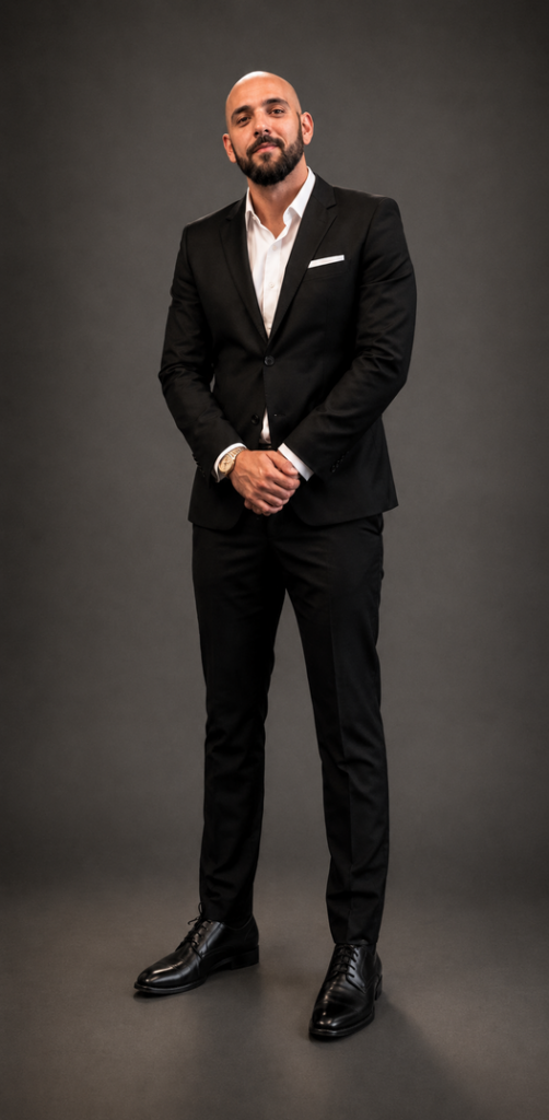 Person in a black suit, white shirt, and watch, standing and looking forward.