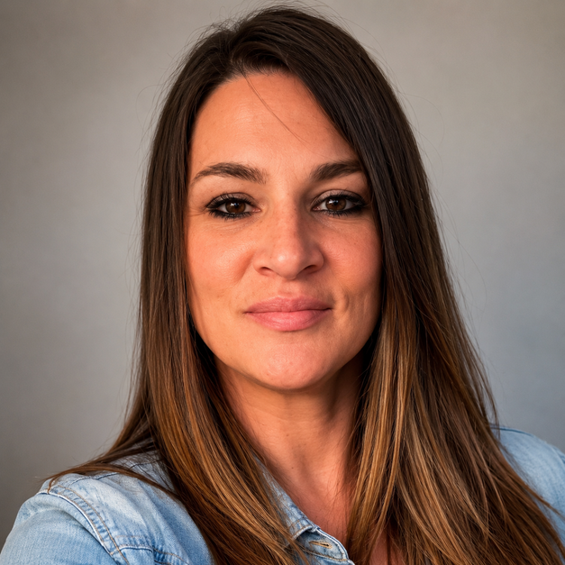 Person wearing a denim shirt with long brown hair and smiling.