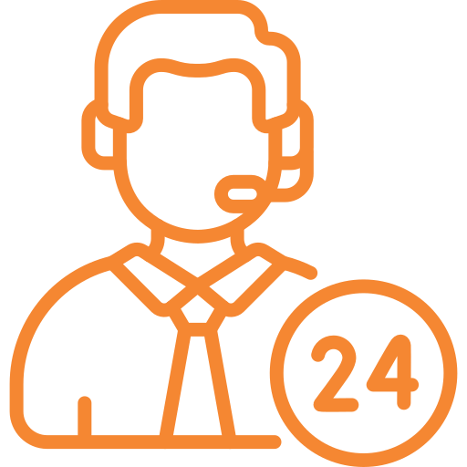 Customer service icon with headset and number 24 in orange.