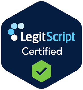 LegitScript Certified badge with blue hexagon and green checkmark.