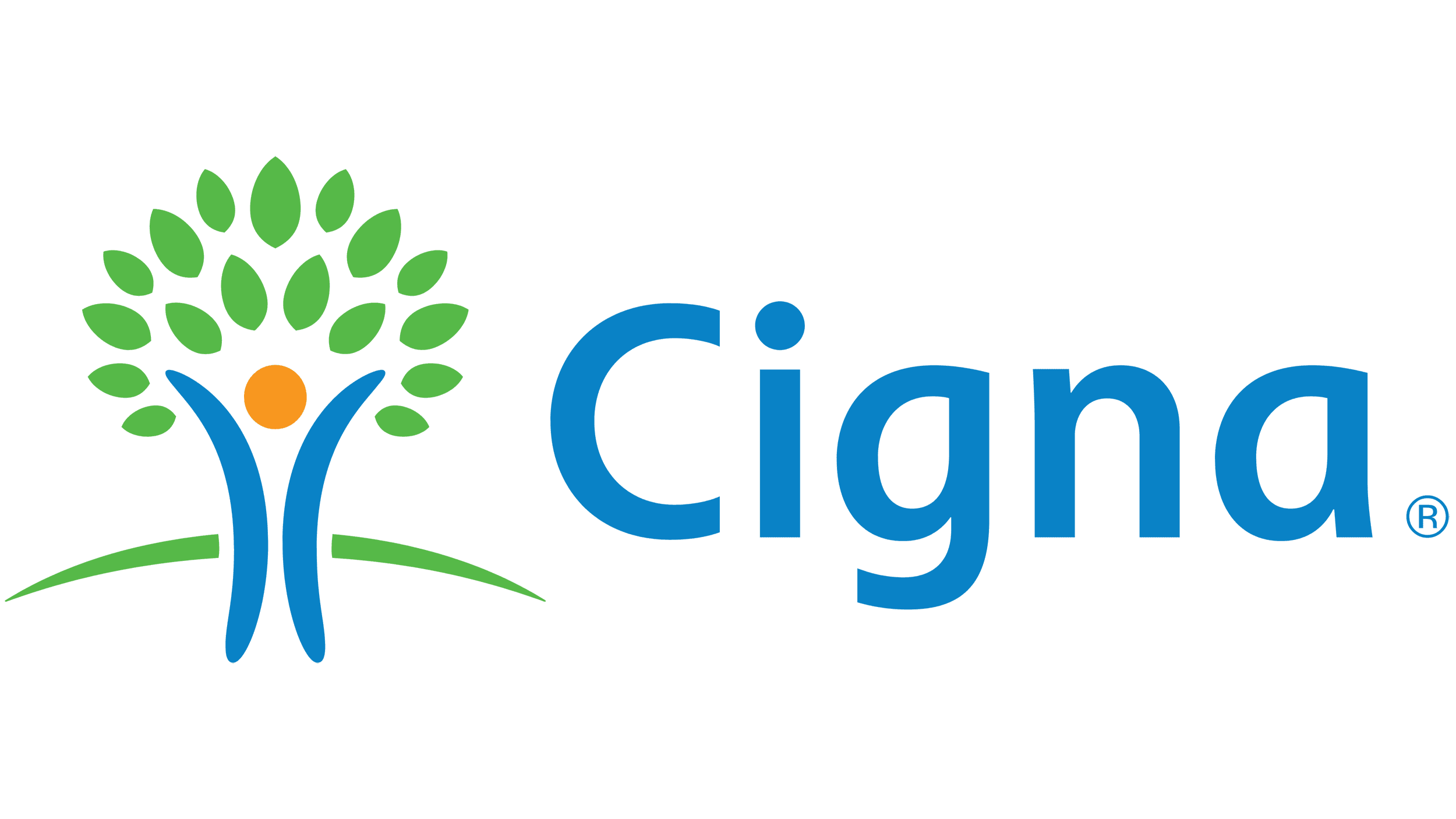 Cigna logo with blue letters, green tree, and orange circle figure.