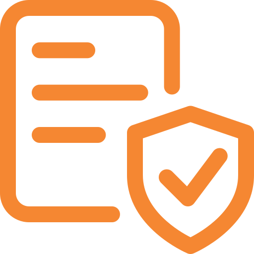 Document icon with list lines and shield checkmark, in orange color.