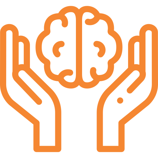 Icon of hands holding a brain in orange.