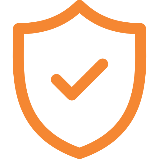 Shield icon with an orange outline and a checkmark in the center.